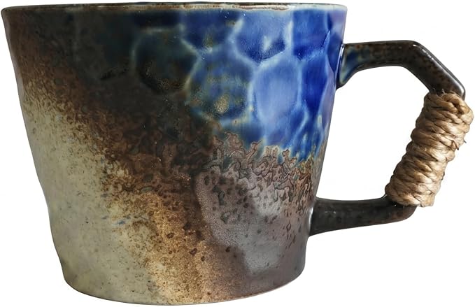 12oz retro Japanese pottery tea cup, handmade tea cup with comfy handle, retro ceramic mug with handle, lead-free reactive glaze, perfect for office & home (Beige + Blue)