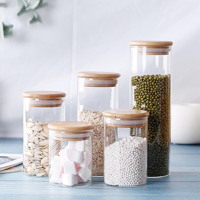 Glass Food Storage Containers with Bamboo Lids Airtight Food Storage Jar Glass Jar Kitchen Canisters for Pasta, Rice, Flour, Sugar(250ml, 65x100mm)