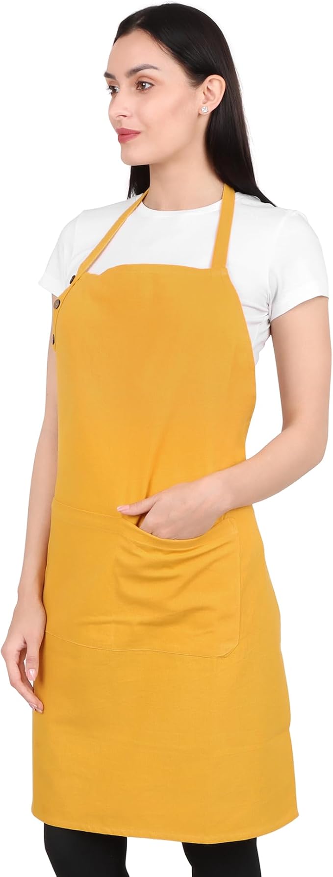 Kitchen Apron Cotton Waterdrop Resistant with adjustable Aprons for Women with Pockets 9 Color option Cooking (Mustard color)