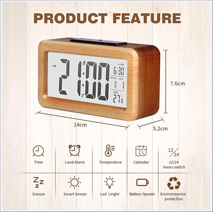 Alarm Clocks, Digital Alarm Clock Wooden Large LED, Smart Sensor Night Light with Snooze, Date, Temperature, 12/24Hr Switchable,Easy to Use,Solid Wood Shell, for Bedrooms and Travel