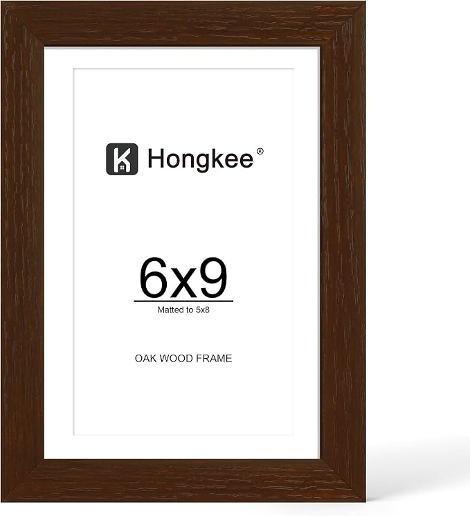 Hongkee 6x9 Oak Wood Picture Frame, Display Photos 5 x 8 with Mat or 6 x 9 without Mat - Tempered Glass Cover, Horizontal and Vertical Display for Wall or Tabletop (Walnut, Set of 1)