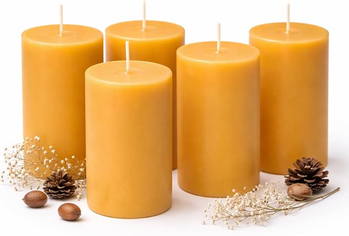 5 Natural Beeswax Pillar Candles, 100% Pure Natural Non Toxic Bees Wax,Long Burning for 175 Hours, Smokeless and Dripless, Yellow Beeswax Candles Bulk for Home, Emergency, Prayer, 2x4 Inches