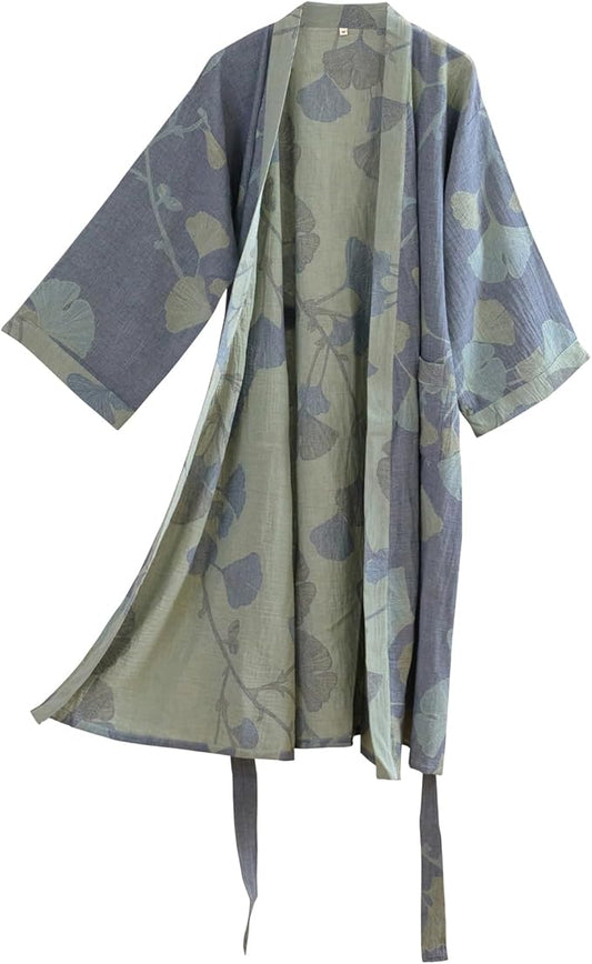 100% Cotton Gauze Ginkgo Leaf Kimono Robe, Long Knit Loose Bathrobe Nightgown Ladies Loungewear Sleepwear for Women