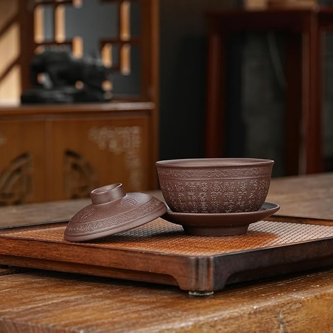 Yixing Zisha Purple Clay Gaiwan 5 Oz/150ml,Chinese Kungfu Tea Bowl Cup,Blooming and Loose Leaf Tea Maker Set -Baifu,Purple Clay