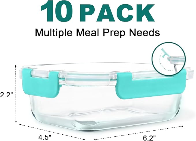KAMOTA Glass Food Storage Containers, 10 Pack Glass Meal Prep Containers, Airtight Containers with Snap-Lock Lids, 22 oz Green Container Set with Lids, for Microwave/Oven/Freezer/Dishwasher