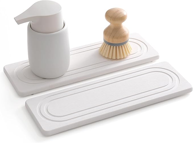 2PCS Water Absorbing Stone Tray for Sink, Quick Drying Diatomite Bathroom Tray Countertop, Stone Drying Mat for Kitchen Counter Faucet, Soap Dish Dispenser Vanity Organizer, White-11.8" x 4"