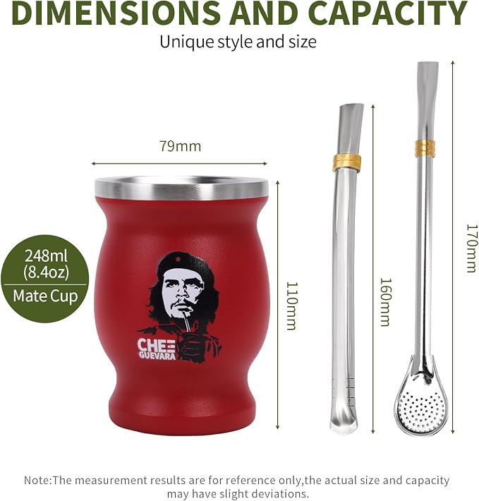 Yerba Mate Cup Set, Includes Stainless Steel Argentina Classic Mate Gourd, 2pcs Bombilla Straws and Clean Brush (Red Che)
