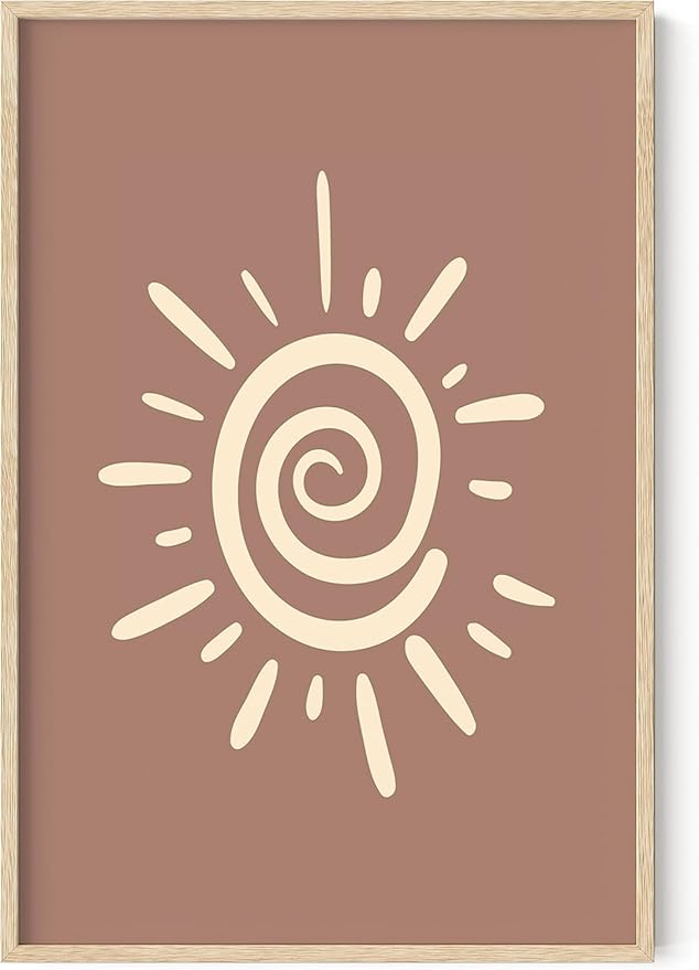 Abstract Spiral Sun Wall Art Swirl Sunburst Print Earth Tones Terracotta Tan Mid Century Modern 24x36 Inch Oak Wood Beige Framed Tribal Boho Decor for Living Room