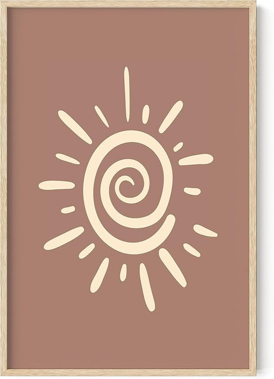 Abstract Spiral Sun Wall Art Swirl Sunburst Print Earth Tones Terracotta Tan Mid Century Modern 24x36 Inch Oak Wood Beige Framed Tribal Boho Decor for Living Room