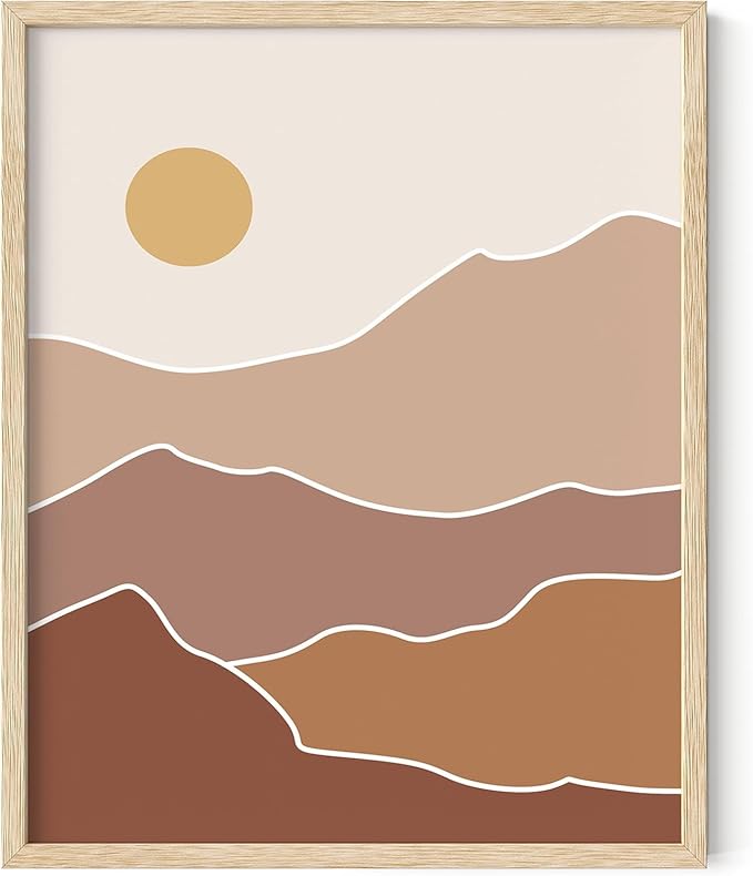 Abstract Mountain Landscape Wall Art Sun Rolling Hills Earth Tones Terracotta Mid Century Modern 8x10 Inch Oak Wood Beige Framed Minimalist Scenery Print for Nursery Decor
