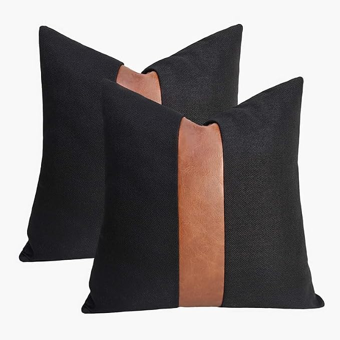 TAOSON Set of 2 Cotton Canvas Patchwork Faux Leather Throw Pillow Covers 20x20 Inch Modern Stripe Patchwork Pillow Covers Farmhouse Decor Pillow Cases for Couch Living Room Bed Sofa Decor Brown Black