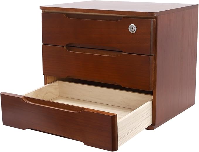 3 Tier Desktop Organizer Storage Box, Solid Wood Storage Box with Lock, Desk Drawers Organizer and Accessories, for Home, Office, Stationery, Crafts, Junk & Supplies, Walnut