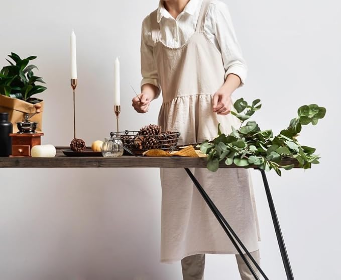 Cotton and linen Kitchen Cooking Aprons Dress for Women with Pockets Cute for Baking Painting Gardening Cleaning