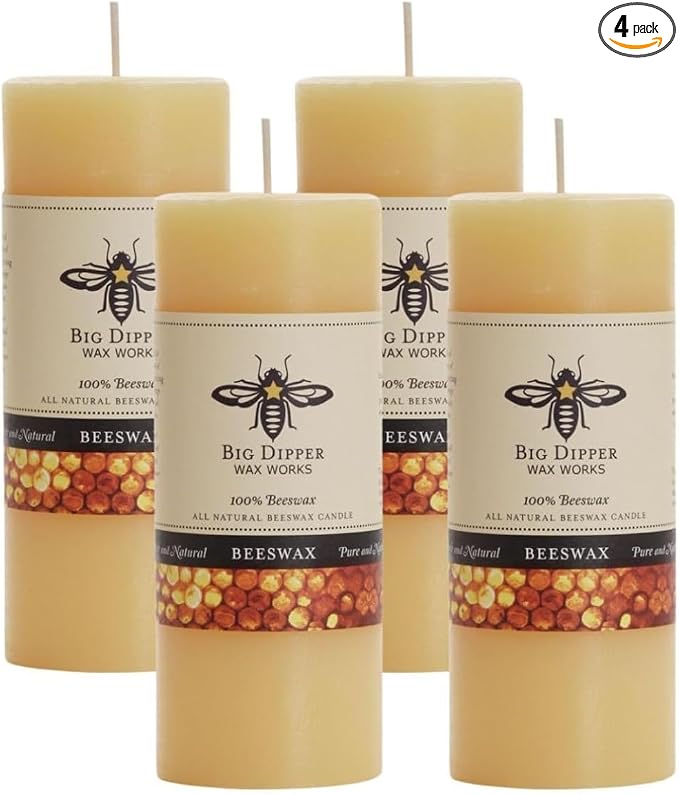 Big Dipper Wax Works 100% Pure Beeswax Pillar Candles (4 Pack) – 2" x 4.75" Handmade in USA, Long Burning Clean Soot-Free, Natural Honey Aroma, Eco-Friendly Cotton Wick, Home Décor & Meditation