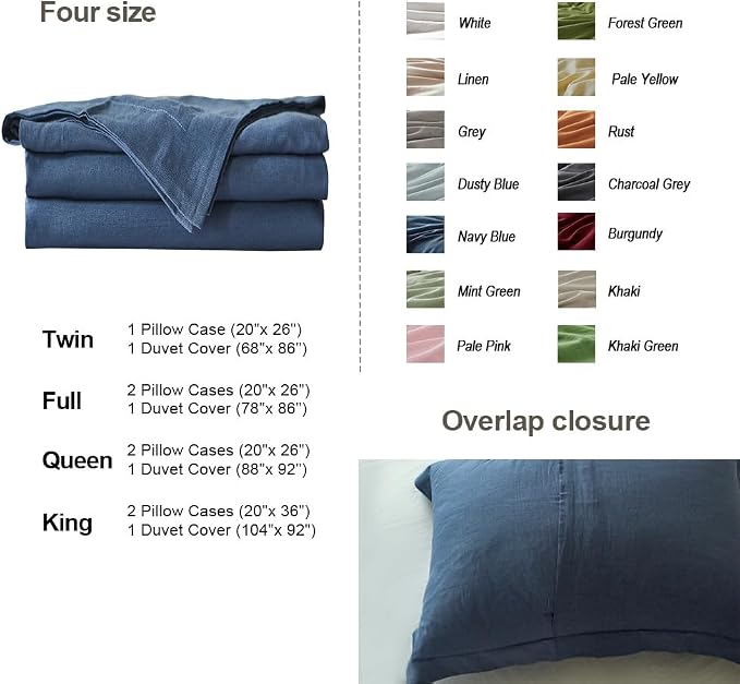 Simple&Opulence French Linen Duvet Cover Set 68" x 86"- 2 Pieces (1 Comforter Cover,1 Pillowcase)- Natural Flax Cotton Blend-Solid Color Breathable Farmhouse Bedding-Navy Blue, Twin