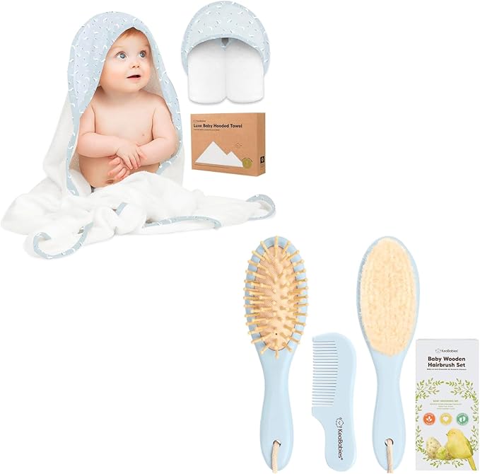 KeaBabies Baby Hooded Towel and Baby Hair Brush and Comb Set for Newborn - Viscose from Bamboo Baby Towel Organic Towel, Wooden Baby Hair Brush Set with Soft Goat Bristle
