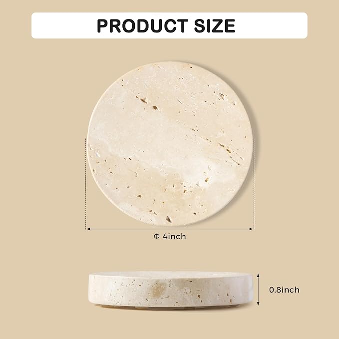 Marble Soap Dishes Natural Travertine Stone Sponge Holder for Bathroom Tub Shower Kitchen Sink, Handcraft Round Soap Case Trinket Plate Jewelry Tray Coaster for Home Decor Color Beige (WH046)