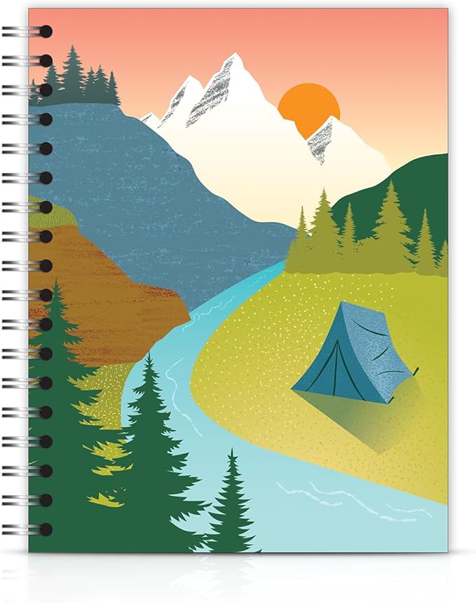 Small Spiral Bound Recycled Notebook, Camping Design, 9.75" x 7.5", 70 Sheets, Double-Wire, College Ruled, Vegan, Made in USA