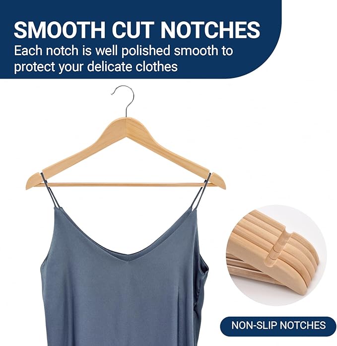 Amber Home 30 Pack Wooden Coat Hangers, Natural Wood Suit Hangers with Non-Slip Pant Bar, Clothes Hangers for Closet Organization, Shirts, Jackets, Dresses, and Pants (Natural, 30)