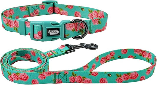 Dog Collar Leash Set, Floral Pattern, Polyester Material, Adjustable Collar and 5ft Matching Leash, for Puppy Dogs.(XS, Green Rose)