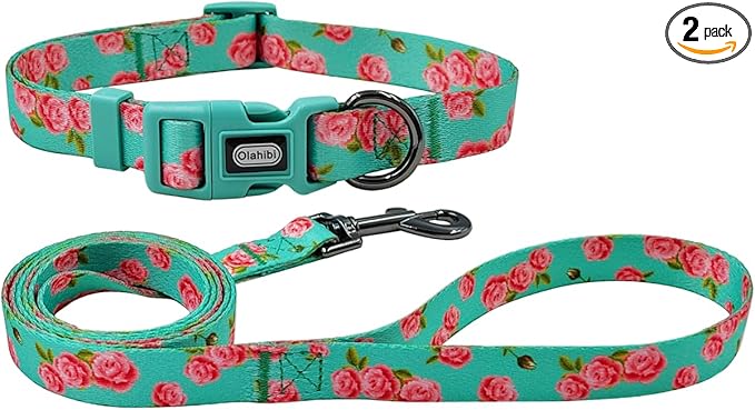 Dog Collar Leash Set, Floral Pattern, Polyester Material, Adjustable Collar and 5ft Matching Leash, for Large Dogs.(L, Green Rose)