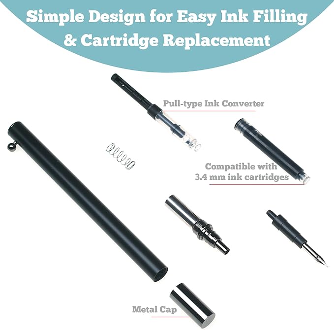 Retractable Fountain Pen – 0.38 mm Extra Fine Nib Fountain Pen, Smooth Fancy Pens with Converter, 6 Ink Cartridges & Gift Pouch for Writing (Matte black)