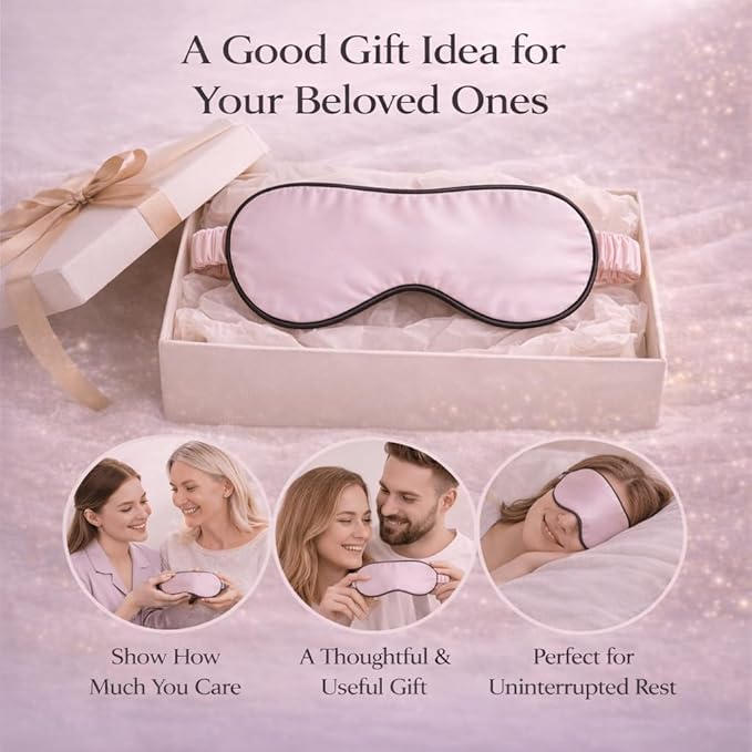 100% Mulberry Silk Sleep Mask for Women/Men Airplane Travel, Pure 22 Momme Silk Eye Mask Blackout for Sleeping, Ajustable, Luxury, Anti Wrinkle, Anti Aging Silk Blindfold, Made in USA (Pink)