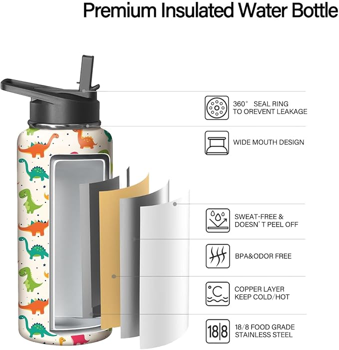 18oz Cute Dinosaur Water Bottle with Handle and Flip Straw, Animal Sports Stainless Steel Insulated Cup Travel Coffee Mug Tumbler, Birthday Mothers Day Chritmas Gifts for Women