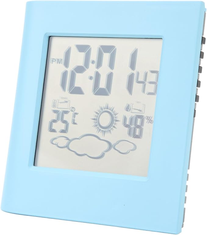 Solar Powered Dual Energy Alarm Clock with Weather Forecast and Temperature Humidity Display for Home Office (Blue)