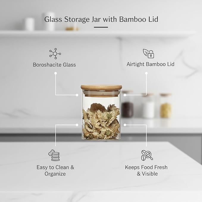 Borosilicate Glass Storage Jar with Bamboo Lid, Airtight Dry Food Canister for Kitchen Pantry & Countertop Organization