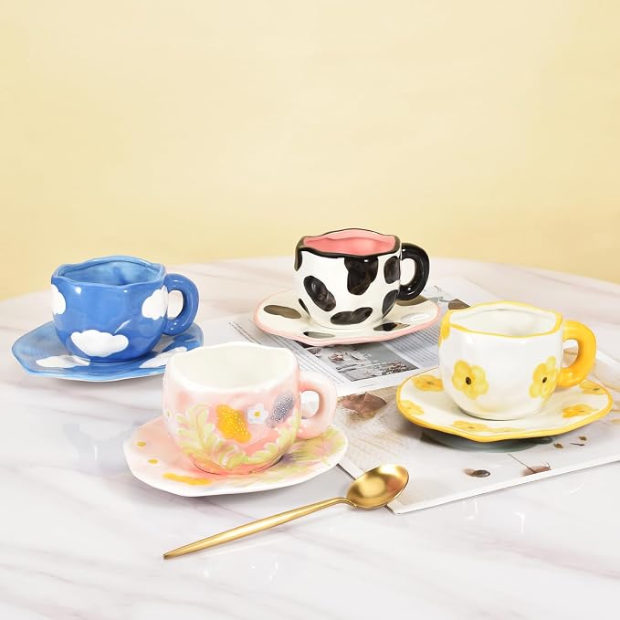 Koythin Ceramic Coffee Mug with Saucer, Cute Unique Handmade Cup for Women for Office and Home, Dishwasher and Microwave Safe, 10 oz/300 ml for Latte Tea Milk (Dark Blue Sky and White Clouds)