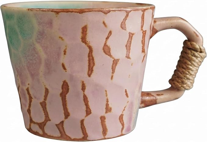 12oz retro Japanese pottery tea cup, handmade tea cup with comfy handle, retro ceramic mug with handle, lead-free reactive glaze, perfect for office & home (Pink)