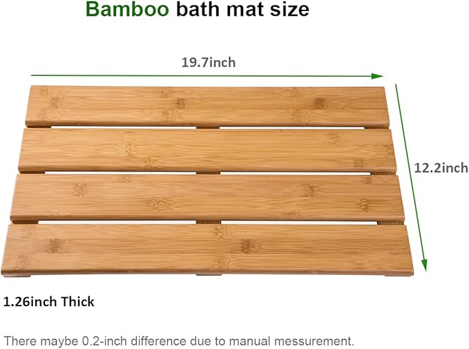 Bamboo Shower Bath Mat for Bathroom, Non-Slip Bamboo Wood Bathroom Mats for Inside or Outside (19.7 x 12.2 inches)