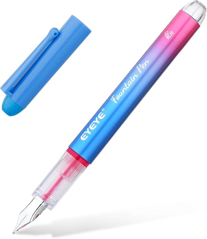 EYEYE Disposable Fountain Pens for Writing, Pack of 8 Blue Fountain Pens Medium Point Stainless Steel Nib