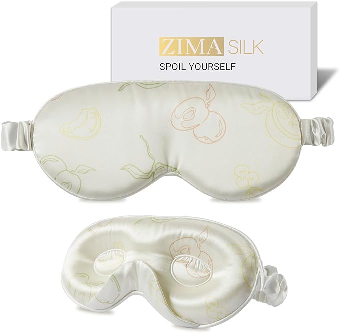 ZIMASILK Adjustable 22 Momme 100% Mulberry Silk Sleep Mask, Upgraded 3D Contoured Cup Eye Mask for Sleeping, Super Soft & Breathable Blindfold, Blackout for Deep Sleeping (Ivory - Fruit Line Art)