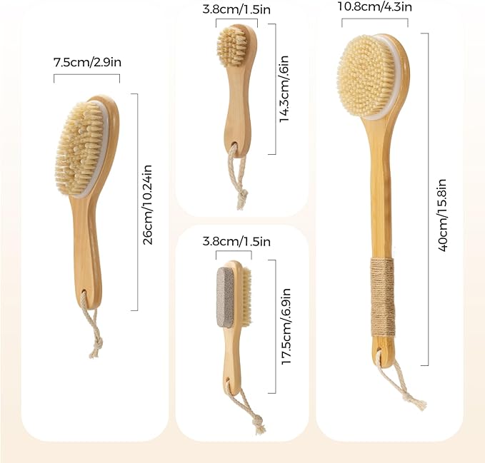 5 Packs Dry Brushing Body Brush Set for Lymphatic Drainage, Cellulite Massager and Scalp Care, Long Handle Dry Brush for Body, Natural Boar Bristle Body Brush Exfoliator