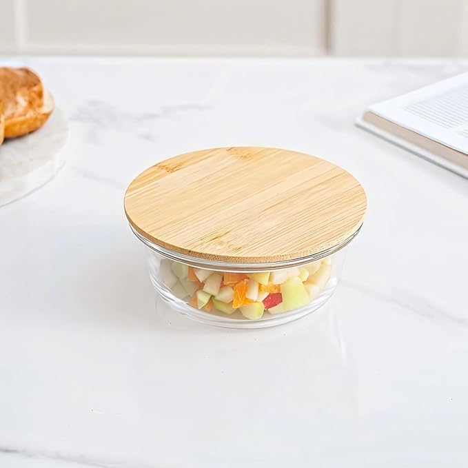 Glass Food Storage Bowl with Bamboo Lid, Clear, Microwave & Dishwasher Safe, 420 Ml/14.2 Oz