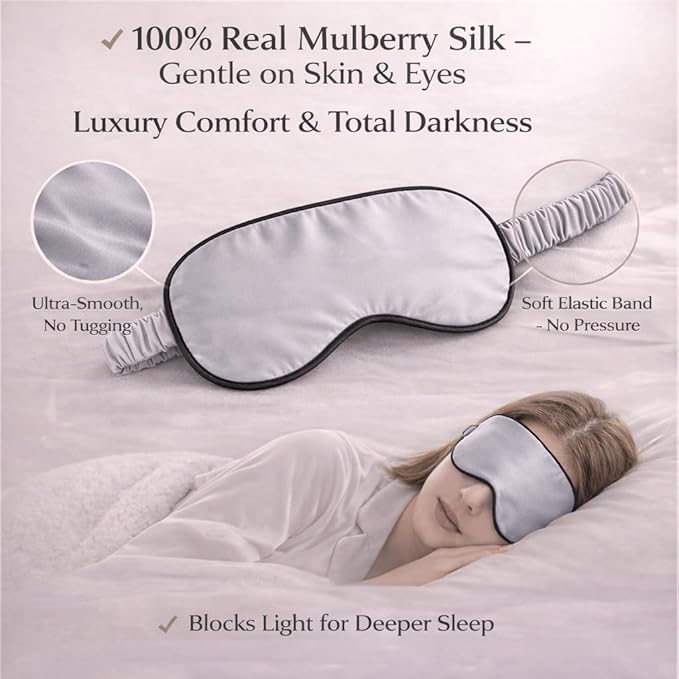 100% Mulberry Silk Sleep Mask for Women/Men Airplane Travel, Pure 22 Momme Silk Eye Mask Blackout for Sleeping, Ajustable, Luxury, Anti Wrinkle, Anti Aging Silk Blindfold, Made in USA (Silver Gray)