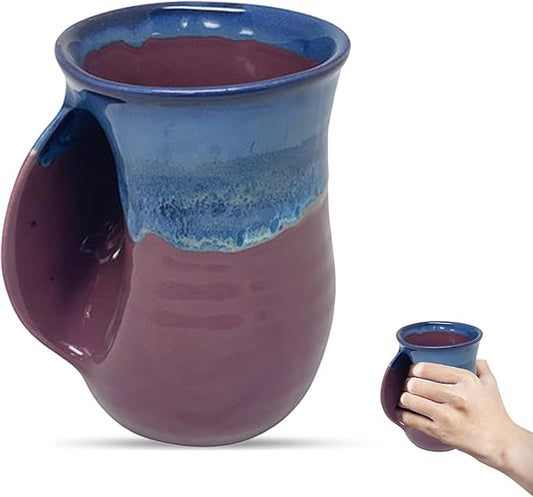 Clay in Motion Hand Warmer Coffee Mug – Handmade Coffee Mug With Comfortable Handle Contoured Pocket Hand Warming Ceramic Coffee Mug – Proudly Made in USA – Left Handed – 14 Oz - Purple Passion