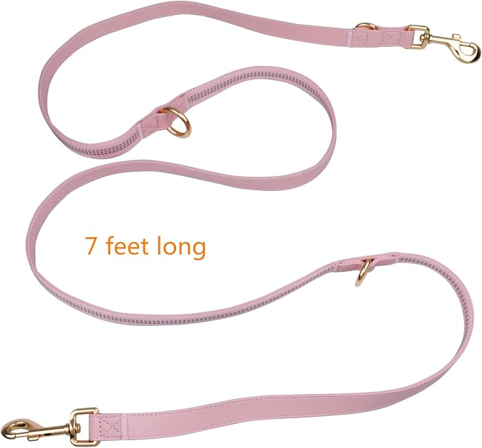 Leather Dog Collar and Leash Set 7FT Reflective at Night - Soft and Easy to Clean Vegan Leather with Gold Metal Buckle for Small Medium Large Dogs (L, Pink)