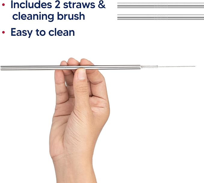 HIC Kitchen Reusable Tumbler Drinking Straws, 18/8 Stainless Steel, Set of 2 Straws with Cleaning Brush
