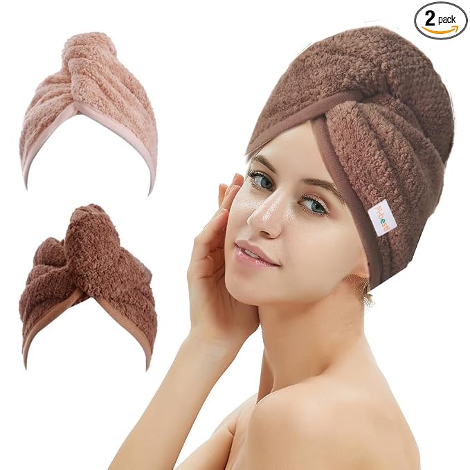 M-bestl 2 Pack Hair Drying Towels, Hair Wrap Towels, Absorbent Microfiber Hair Towel Turban with Button Design to Dry Hair Quickly(Coffee& Pink)