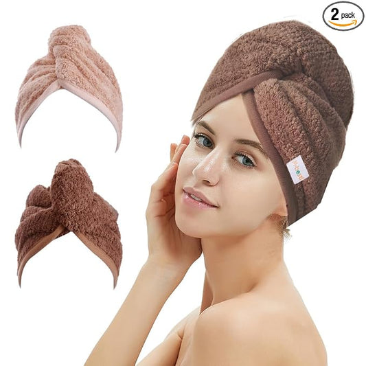 M-bestl 2 Pack Hair Drying Towels, Hair Wrap Towels, Absorbent Microfiber Hair Towel Turban with Button Design to Dry Hair Quickly(Coffee& Pink)