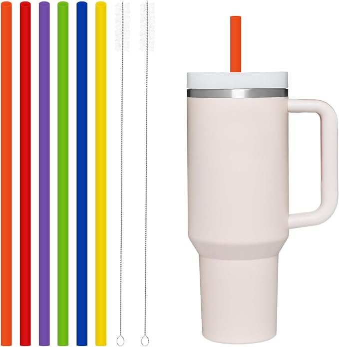 6 Pack Reusable Silicone Straws Compatible with Stanley 40oz 30oz 20oz Tumblers, 12.2" Long x 0.374" Diameter BPA-Free Drinking Straws with 2 Cleaning Brushes, Flexible Cuttable Teeth-Friendly