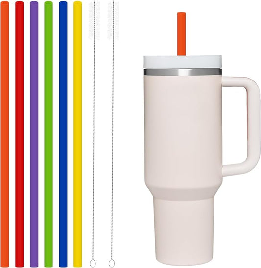 6 Pack Reusable Silicone Straws Compatible with Stanley 40oz 30oz 20oz Tumblers, 12.2" Long x 0.374" Diameter BPA-Free Drinking Straws with 2 Cleaning Brushes, Flexible Cuttable Teeth-Friendly