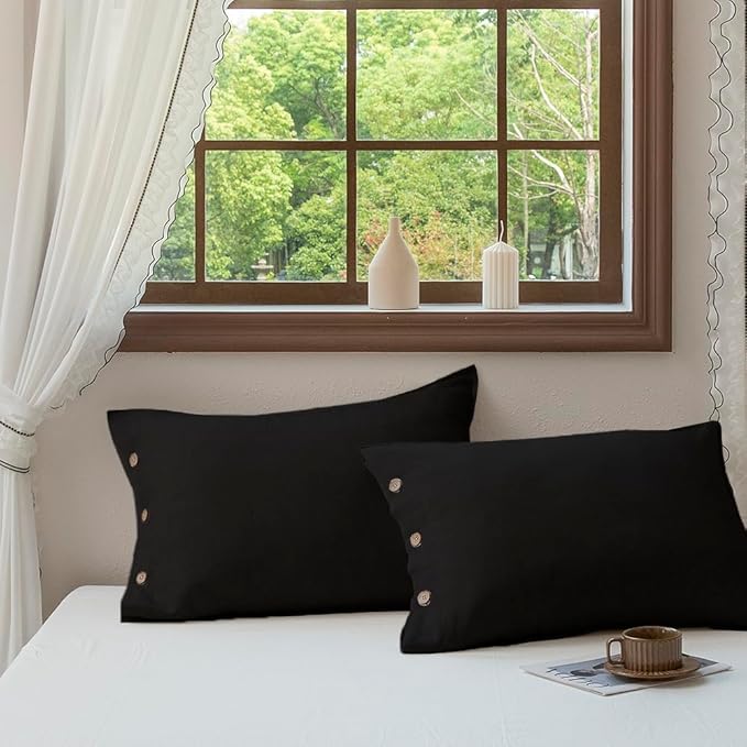 EVERLY 100% Linen Pillowcases Set of 2, French Linen from Normandy, 20X30Inch Queen Size, Natural Color, Coconut Buttons Closure, Flax Pillowshams-Pillowcase-Black