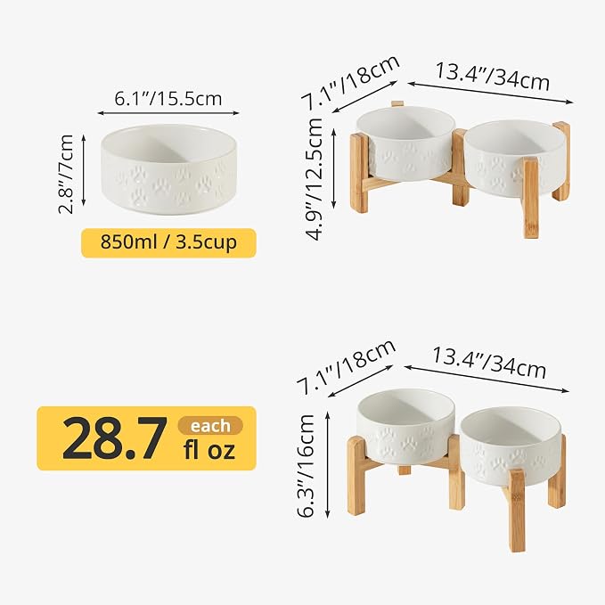 Elevated Ceramic Dog Bowl Set, 6" Dog Bowls with Dual Fixed Heights Stand, 3.5 Cup Food and Water Bowls for Small Breed Dogs, Microwave Safe (Double Bowls + Stand - White, 6 inch)