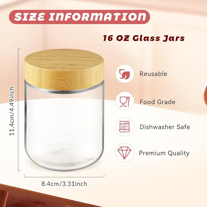 Wresty Empty Clear Glass jars with Airtight Lids Overnight Oats Containers Glass Food Storage Containers Glass Mason Jars For Yogurt Snacks Spice Sugar Jam And More (4 Pcs Bamboo Lids, 500ml/16.7oz)