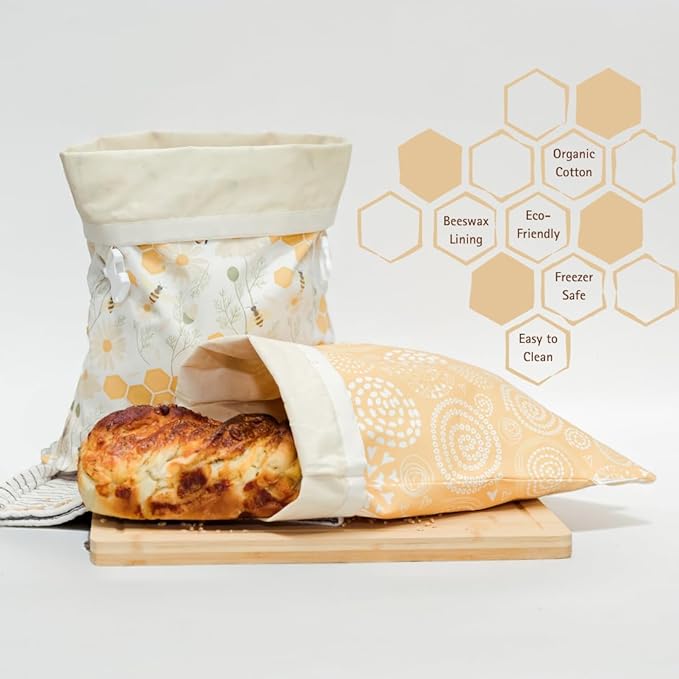 Reusable Beeswax Bread Bag 2 Pack –12x17 Bread Bag for Homemade Sourdough, Beeswax Coated Organic Cotton Storage Bag for Loaf Baguette, Freezer Safe, Eco-Friendly Wrap Honeybee