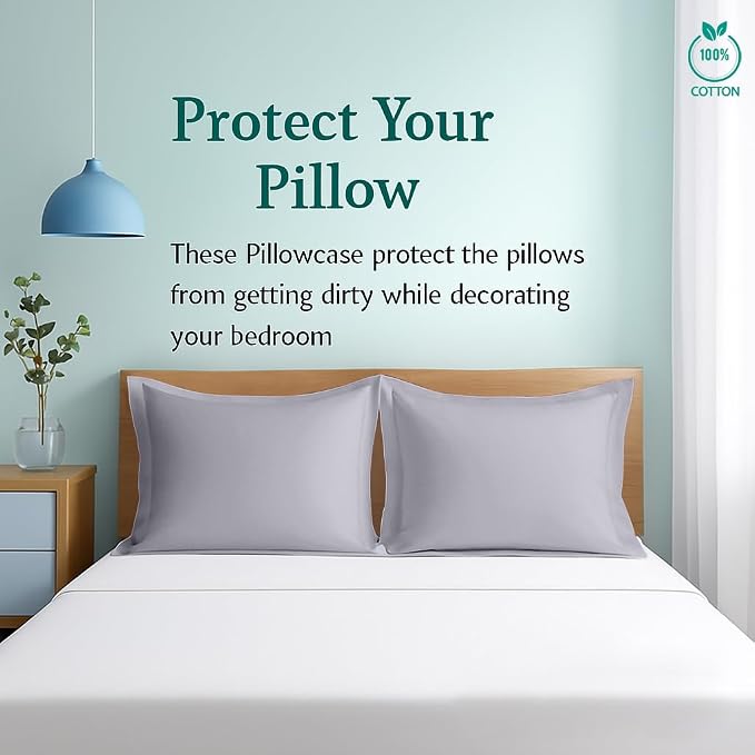 2 Pack Pillow Shams King Size 20x40 – 600 Thread Count 100% Organic Cotton Silver Pillow Covers with 2 Inch Decorative Flange, Soft & Smooth Premium Hotel-Quality Pillowcases Set of 2